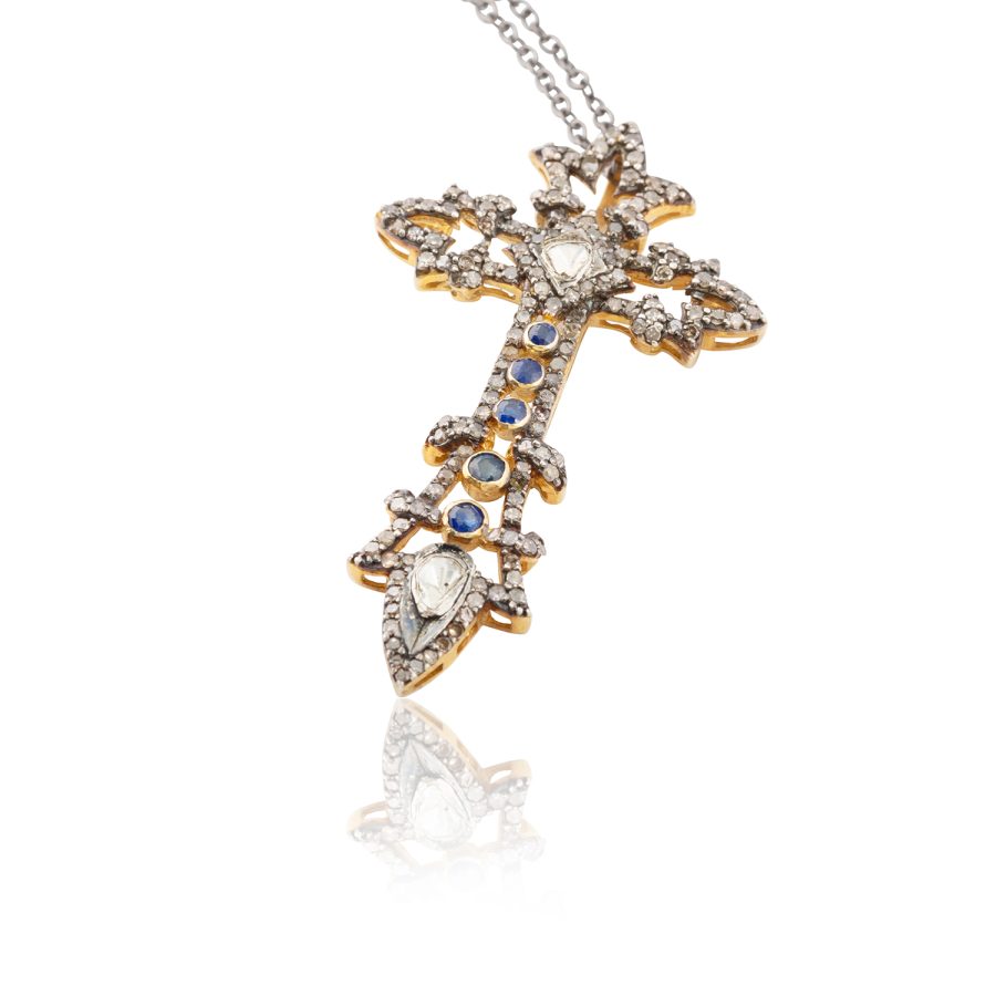 Ornate Sliced Diamond & Sapphire Cross Pendant