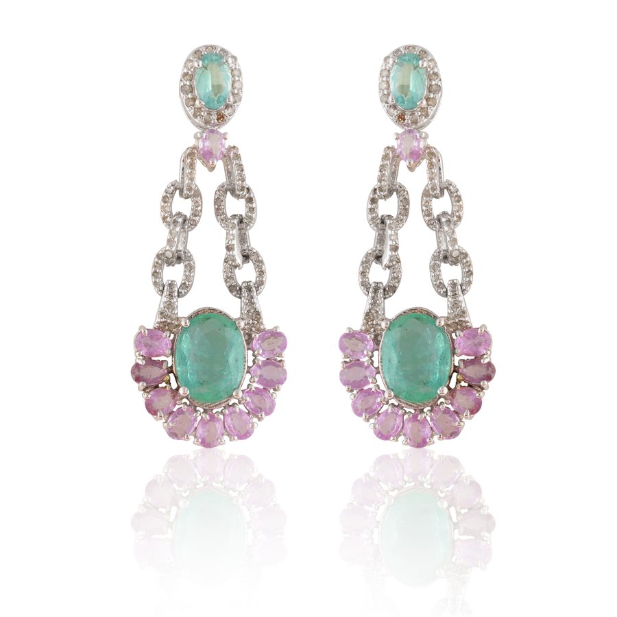 Art Deco Emerald, Pink Sapphire & Diamond Fluid Chain Earrings