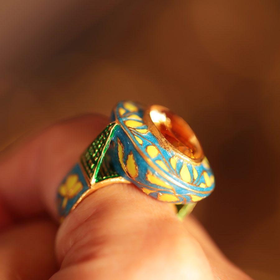 Yellow & Blue Enamel Citrine Ring