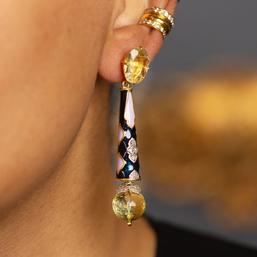 Diamond, Enamel & Quartz Drop Earrings