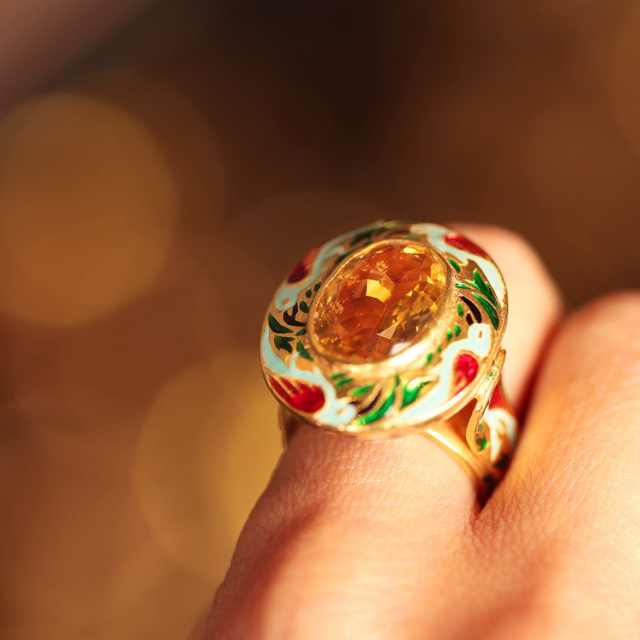 Enamel Dove of Peace Detailed Citrine Ring