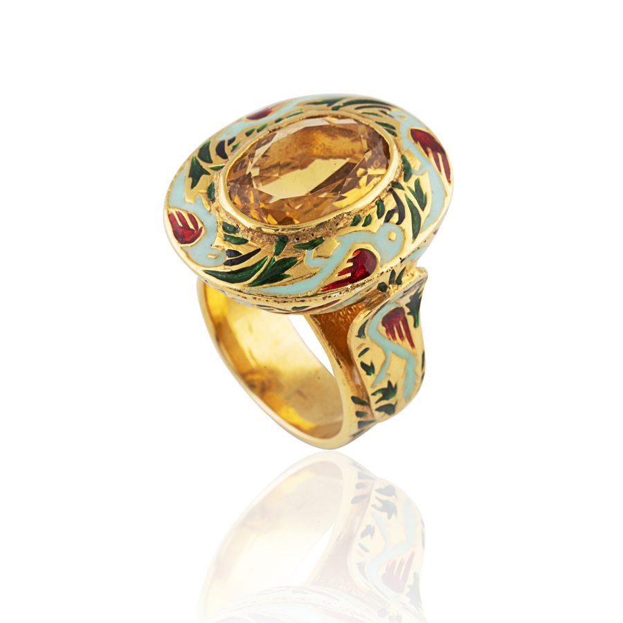 Enamel Dove of Peace Detailed Citrine Ring