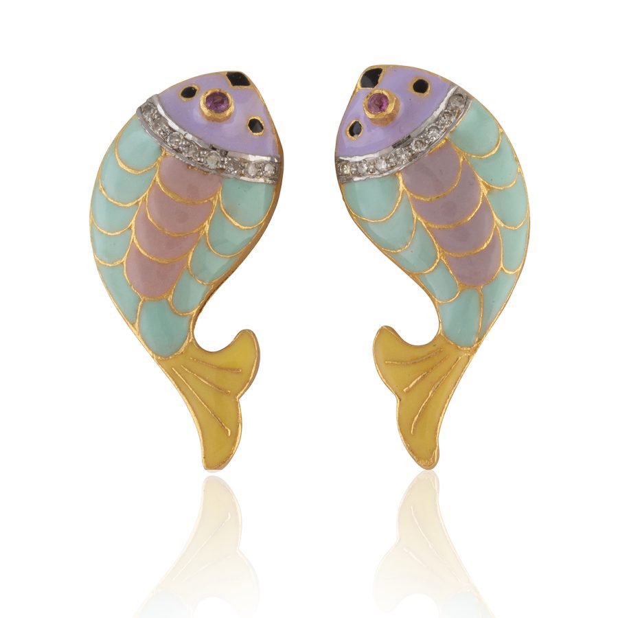 Good Fengshui Koi Fish Enamel, Diamond & Ruby Earrings