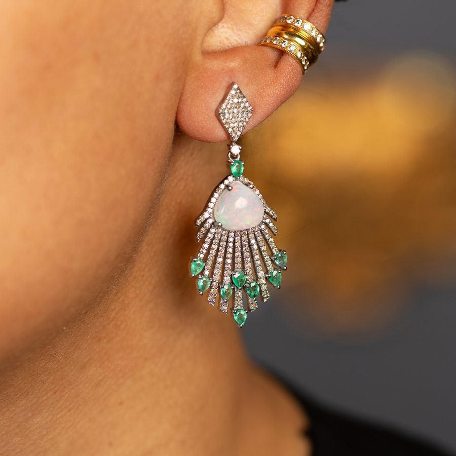 Opal, Diamond & Emerald Drop Earrings