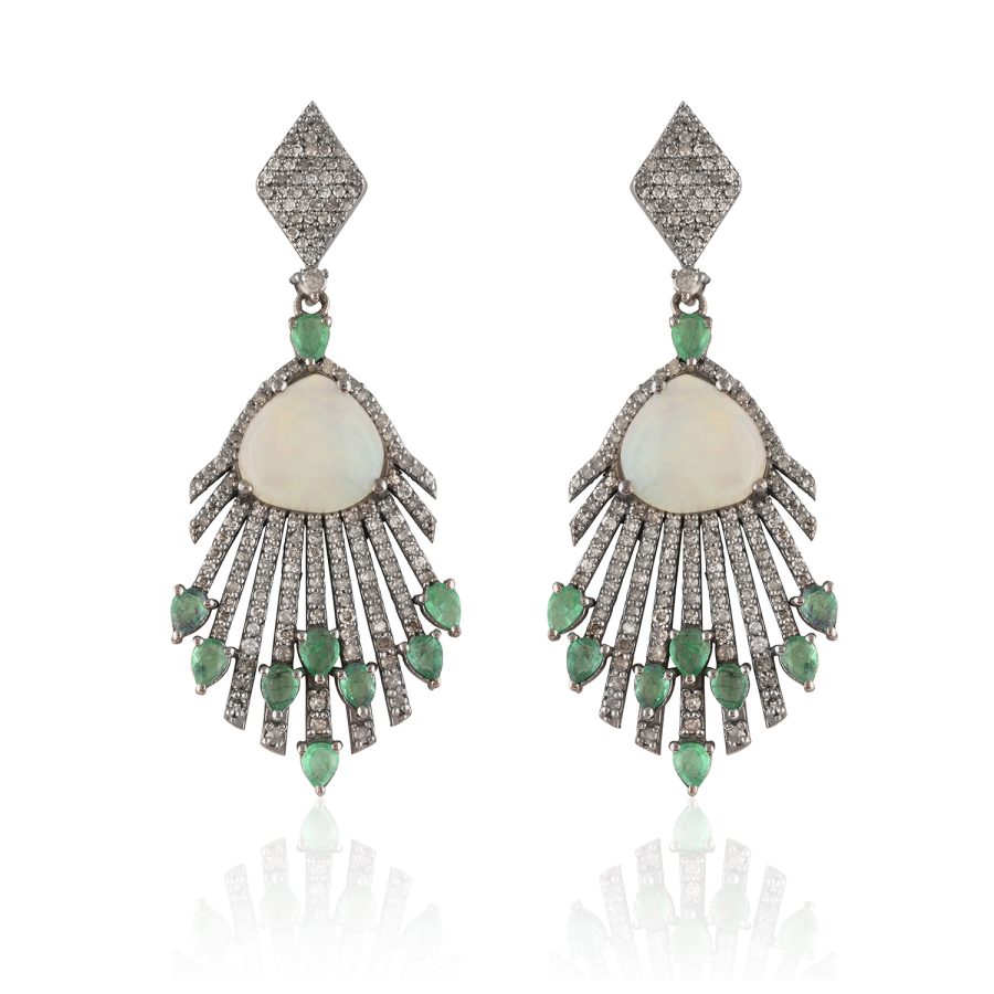 Opal, Diamond & Emerald Drop Earrings