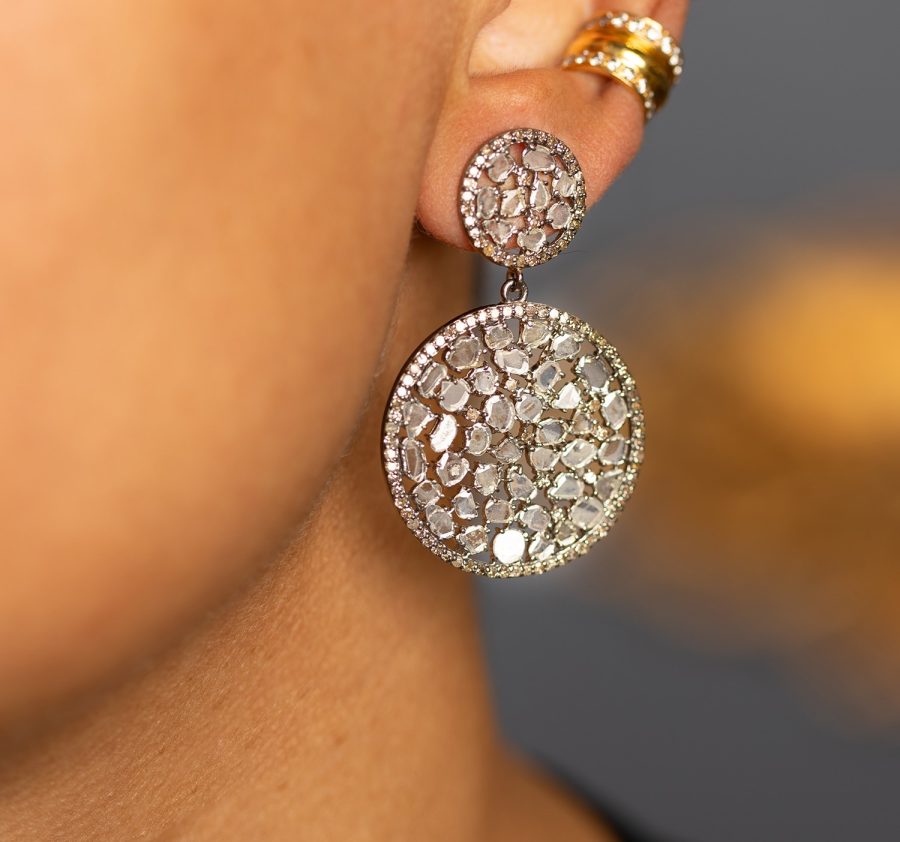 Sliced Diamond Mandala Drop Earrings - Image 2