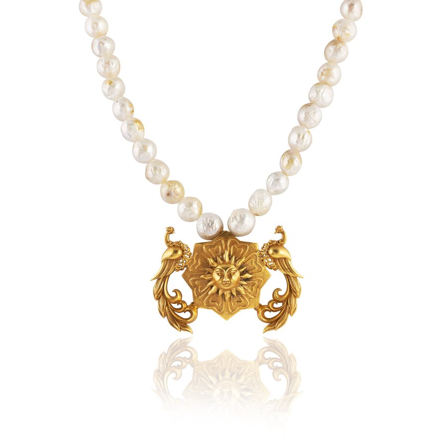 Sun God, Peacock Detailed Fresh Water Pearl Necklace