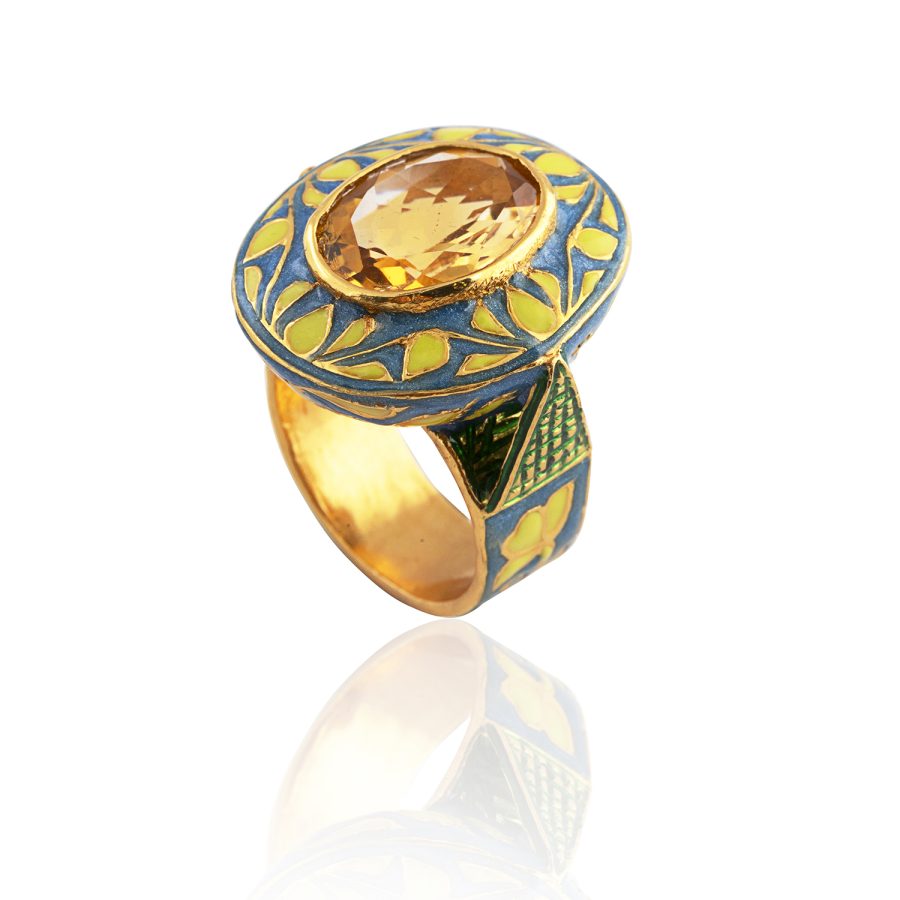 Yellow & Blue Enamel Citrine Ring