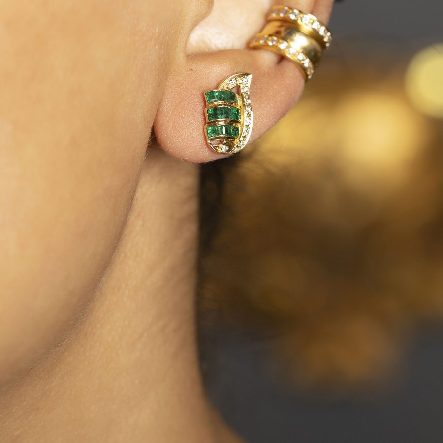 18kt Gold Baguette Emerald & Diamond Stud Earrings