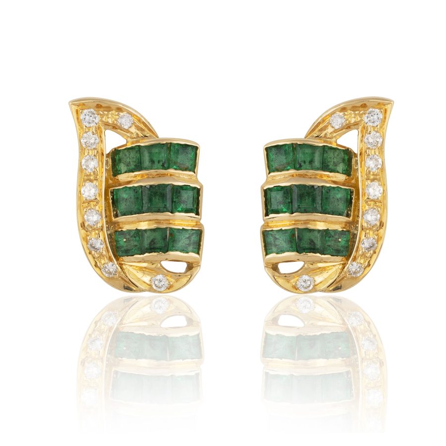 18kt Gold Baguette Emerald & Diamond Stud Earrings