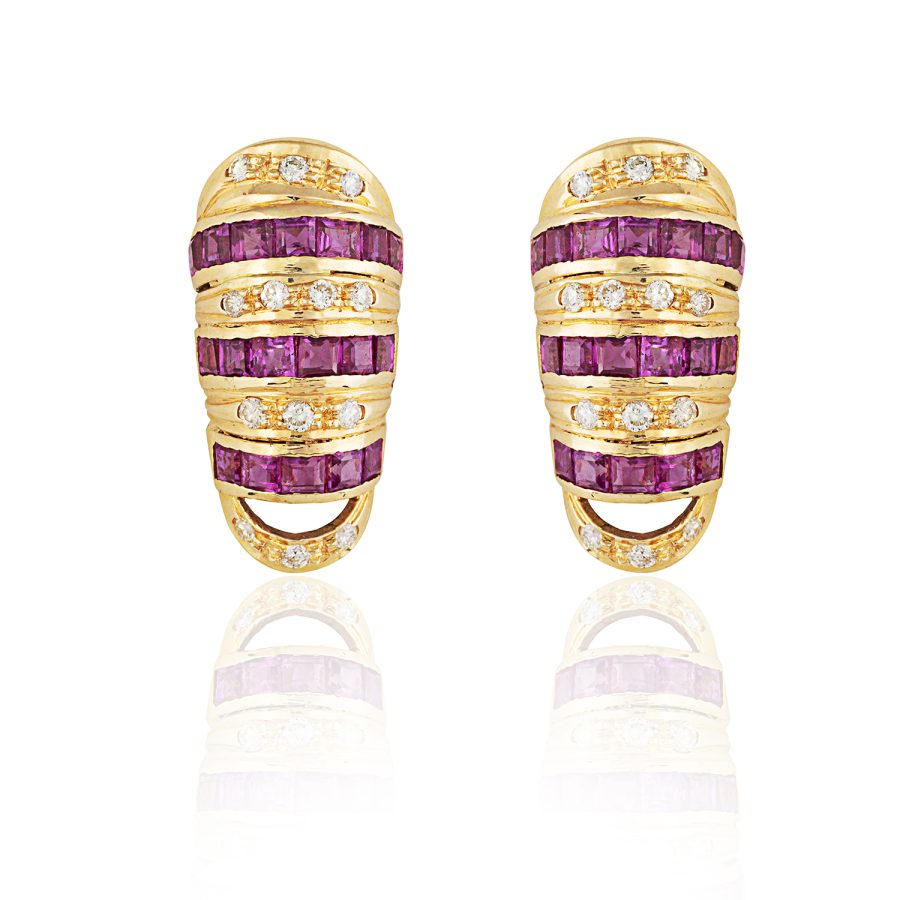 18kt Gold Baguette Ruby & Diamond Stud Earrings