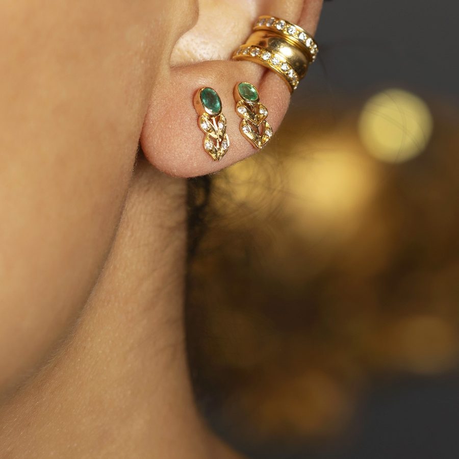 18kt Gold Emerald & Diamond Stud Earrings