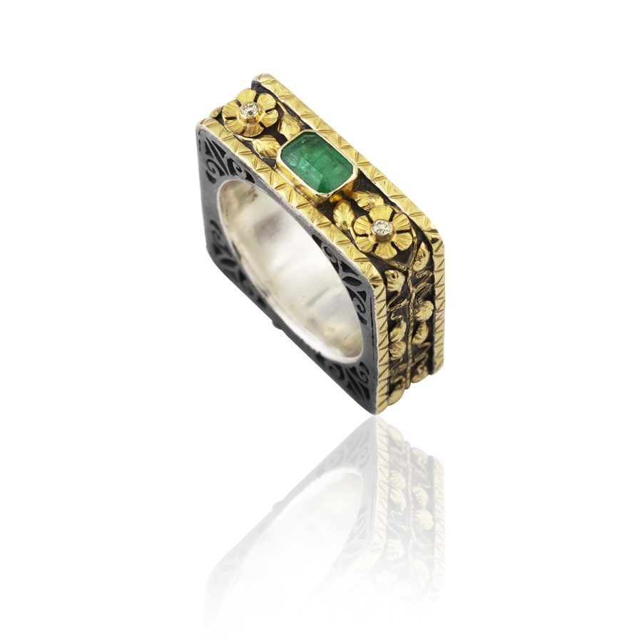 18kt Gold & Silver Heirloom Square Emerald & Diamond Ring