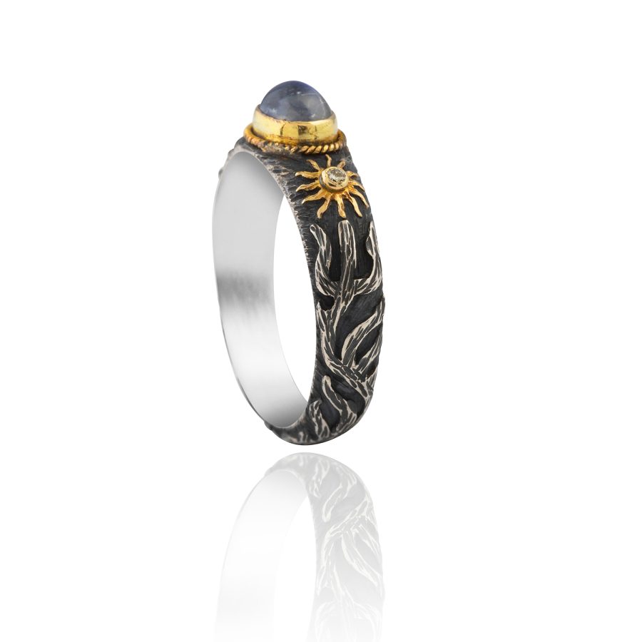 18kt Gold & Silver Moon Stone, Diamond Ring Band