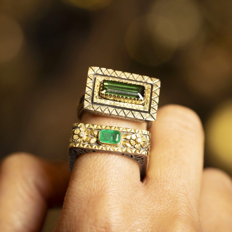 18kt Gold & Silver Heirloom Square Emerald & Diamond Ring