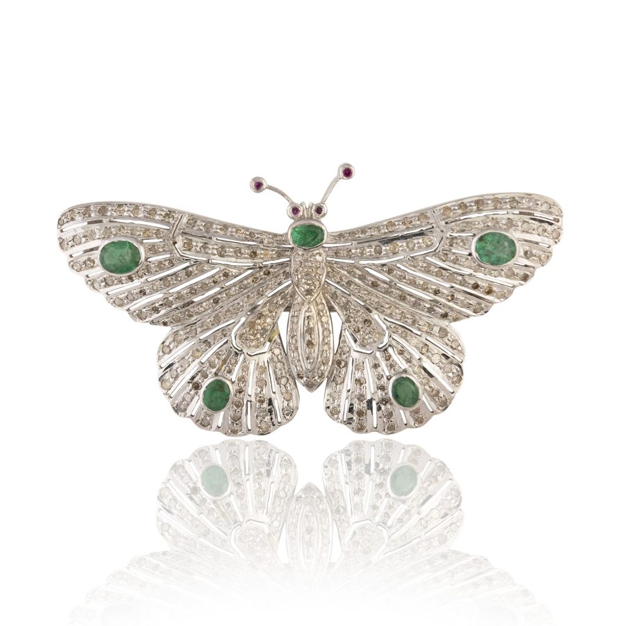 Emerald & Diamond Butterfly Brooch Pendant Necklace