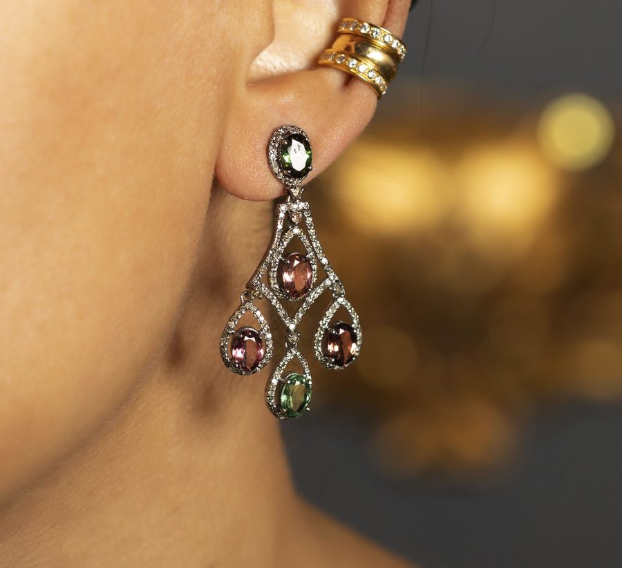 Geometric Tourmaline & Diamond Drop Earrings - Image 2