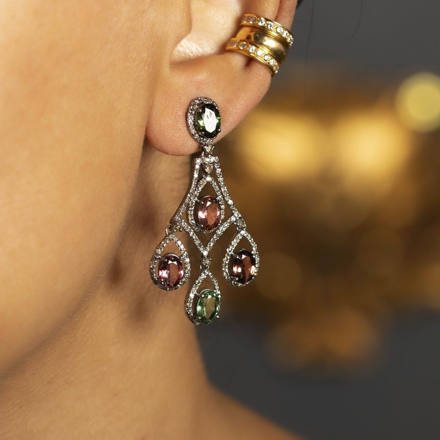 Geometric Tourmaline & Diamond Drop Earrings