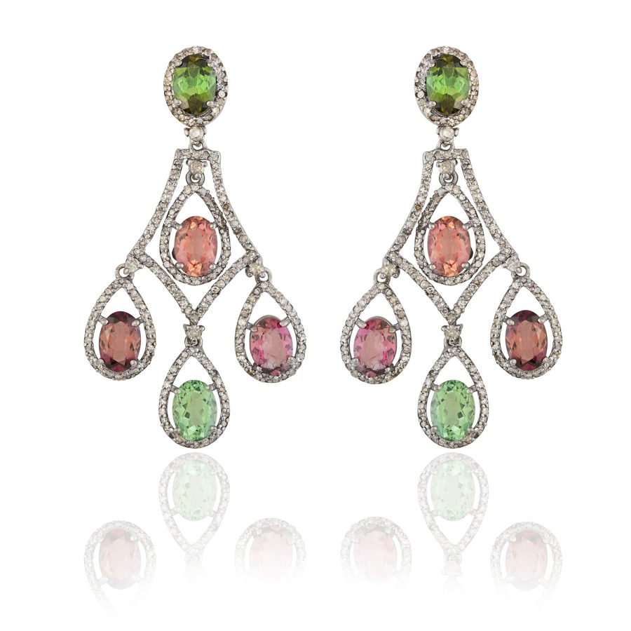 Geometric Tourmaline & Diamond Drop Earrings