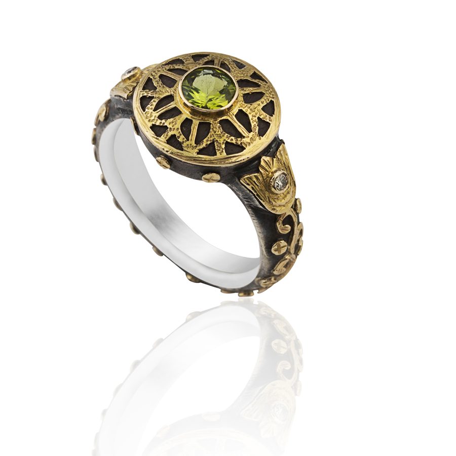 Heirloom 18kt Gold & Silver Peridot & Diamond Ring