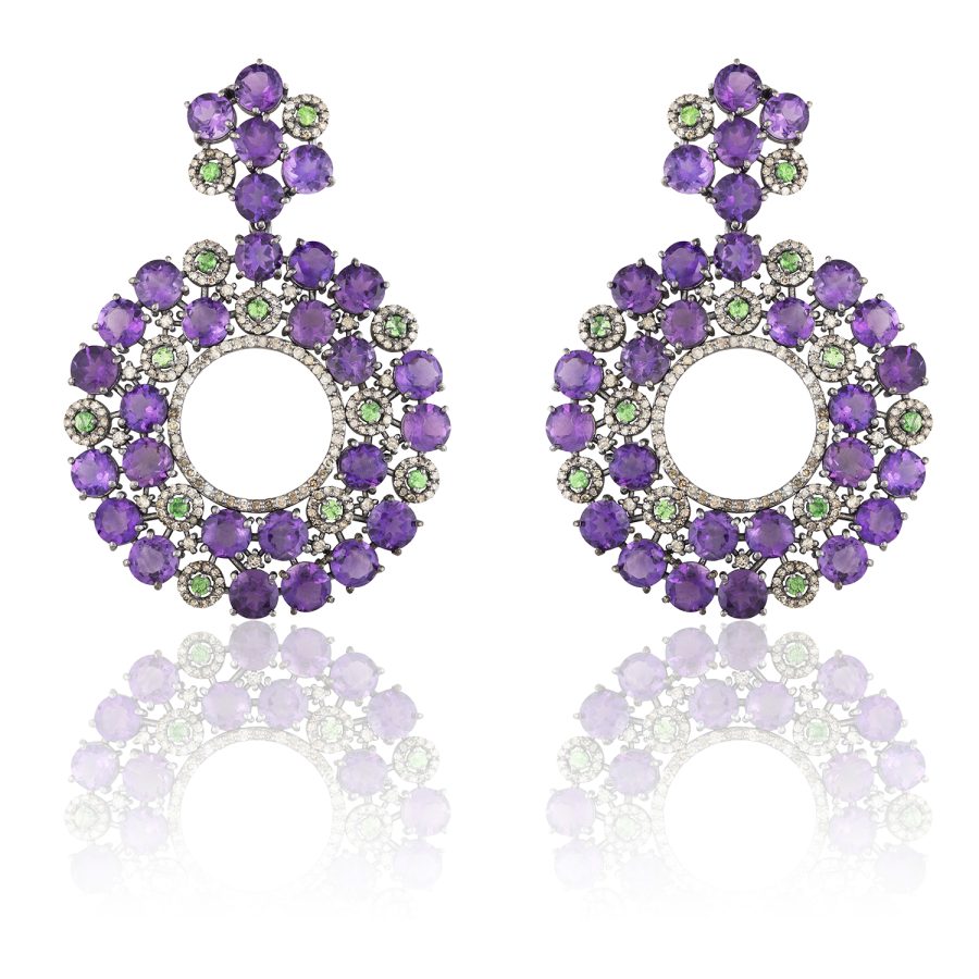 Purple Amethyst, Tsavorites (Green Garnet) & Diamond Earrings