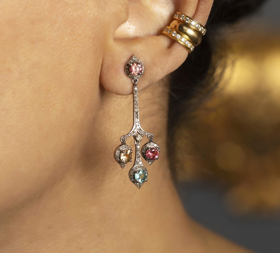 Simple Geometric Tourmaline & Diamond Drop Earrings - Image 2