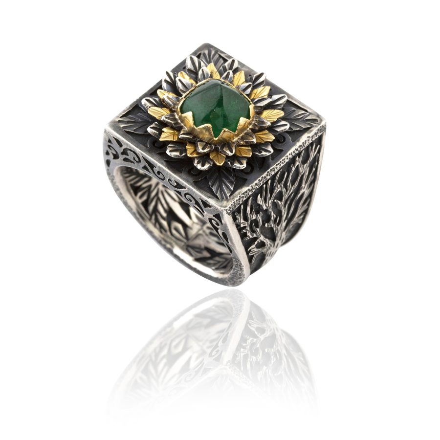 Tree of Life Cabochon Emerald Silver & 18kt Gold Detail Ring