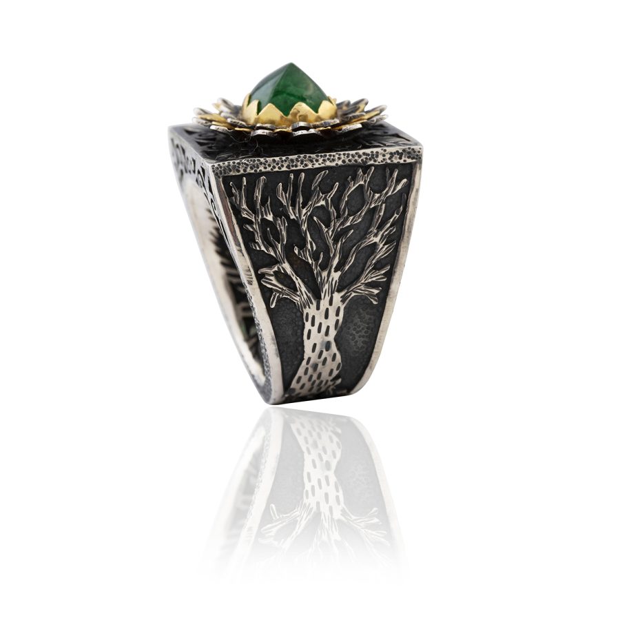 Tree of Life Cabochon Emerald Silver & 18kt Gold Detail Ring - Image 4