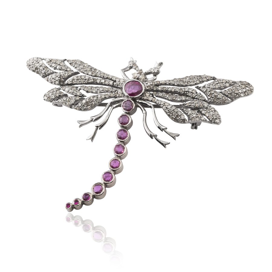 Victorian Inspired Dragonfly Brooch Pendant with Diamond & Ruby