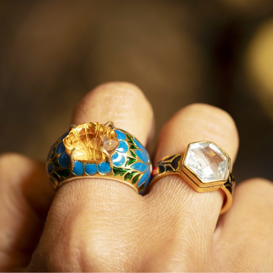 15th Century Inspired Enamel & Citrine Ring with Lotus Leaf Detail