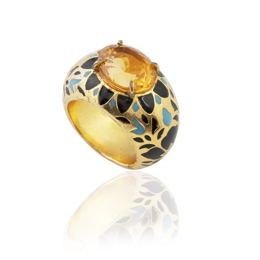 15th Century Inspired Enamel & Citrine Ring (Black & Blue colour way)