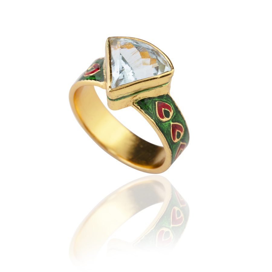 15th Century Inspired Triangle Aquamarine & Enamel Ring