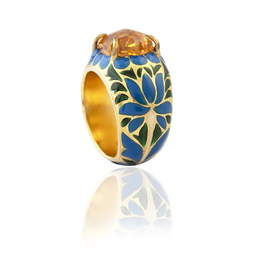 15th Century Inspired Enamel & Citrine Ring with Lotus Leaf Detail