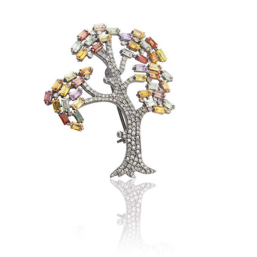 Tree of Life Pendant Brooch with Multi Coloured Natural Sapphires