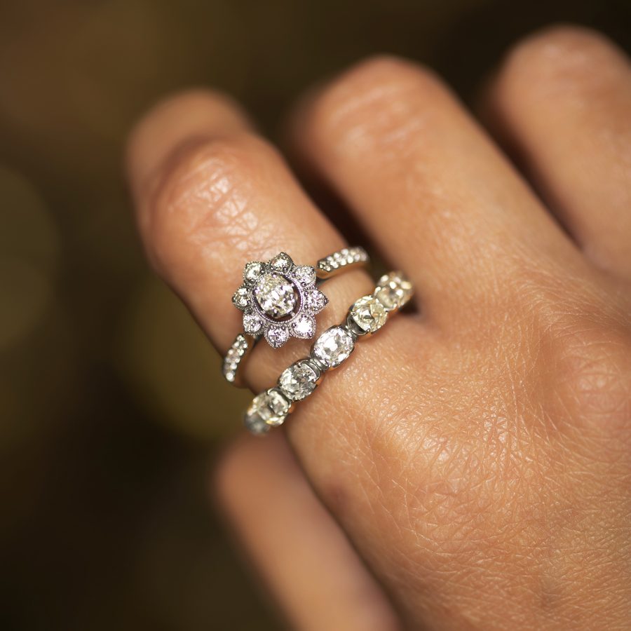 Old Mine Cut Diamond Heirloom 18kt Gold Floral Detail Ring