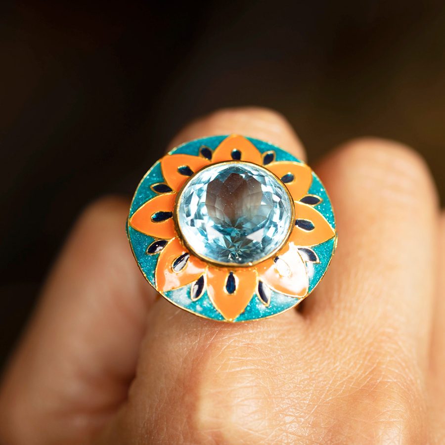 Topaz Orange & Blue Enamel Ring