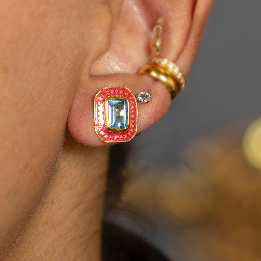Blue Topaz & Jaipur Pink Enamel Stud Earrings