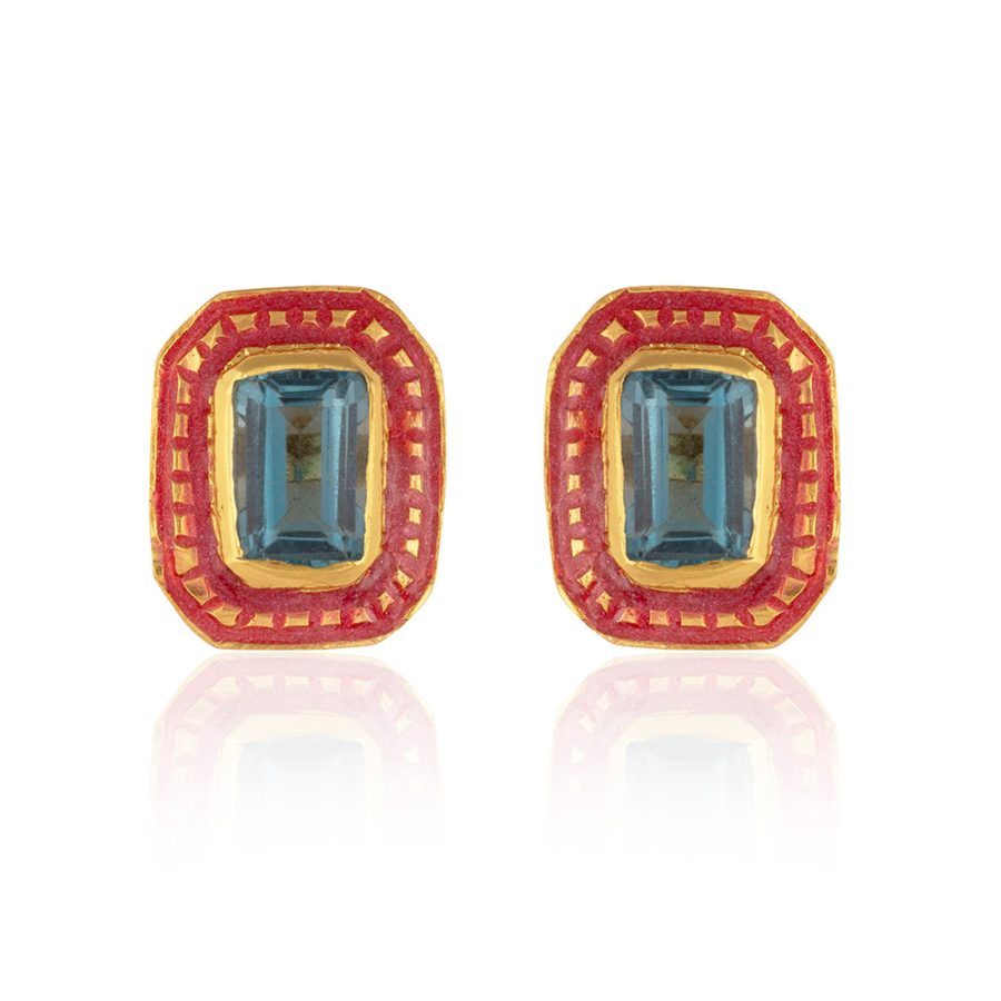 Blue Topaz & Jaipur Pink Enamel Stud Earrings