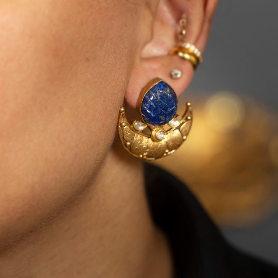 Carved Blue Lapis Half Moon Heritage Earrings