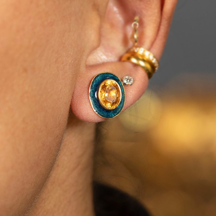 Citrine & Blue Enamel Stud Earrings