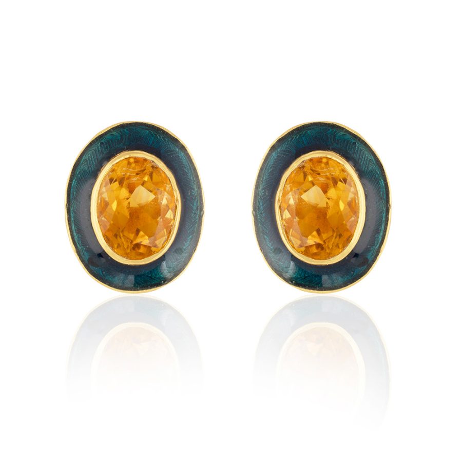 Citrine & Blue Enamel Stud Earrings