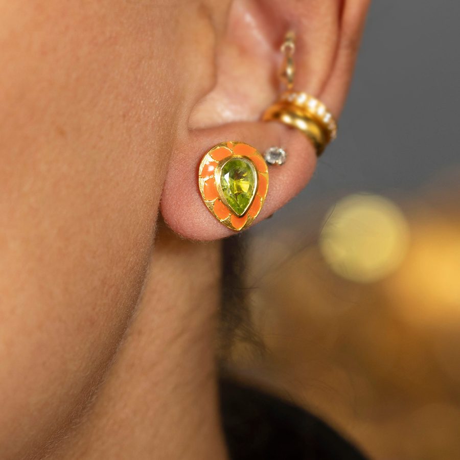 Peridot & Orange Enamel Stud Earrings