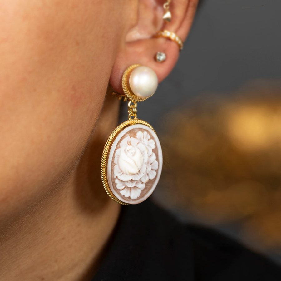 Pearl Rose Detailed Cameo Drop Earrings