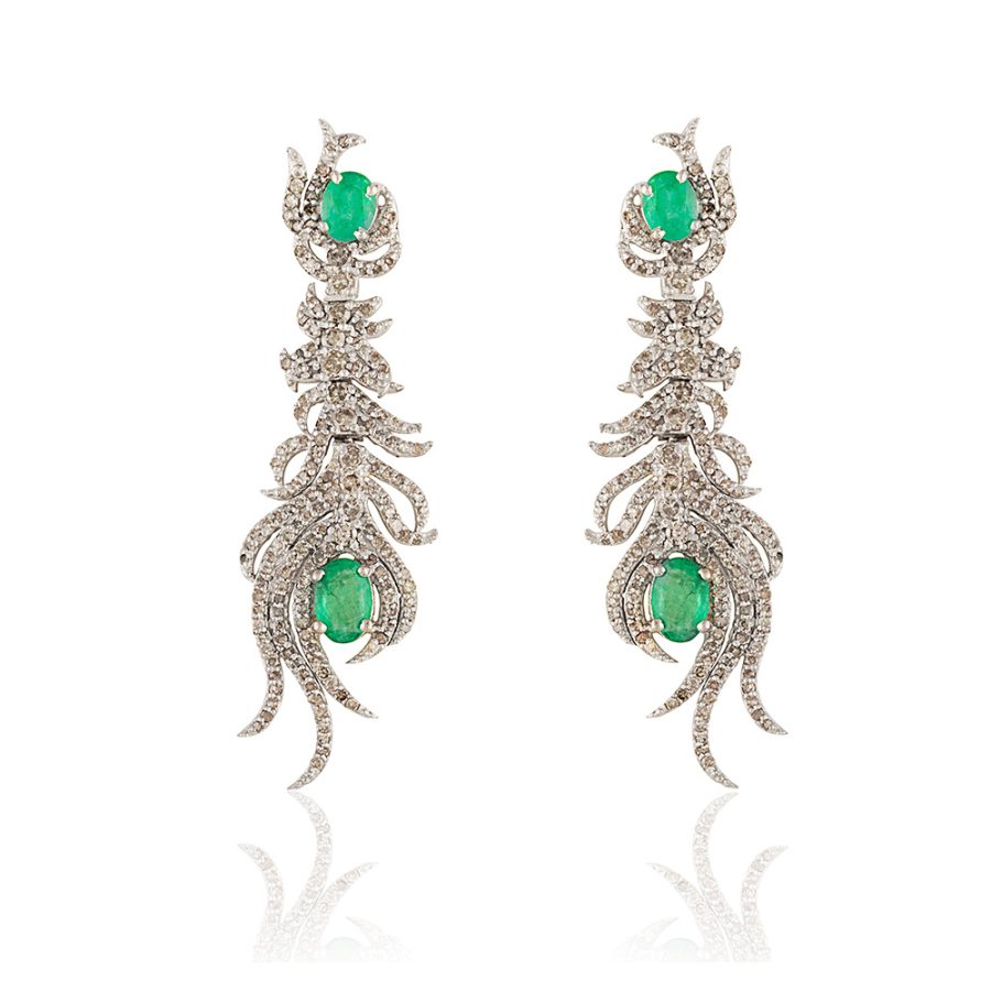 Emerald & Diamond Free Fall Leaf Earrings