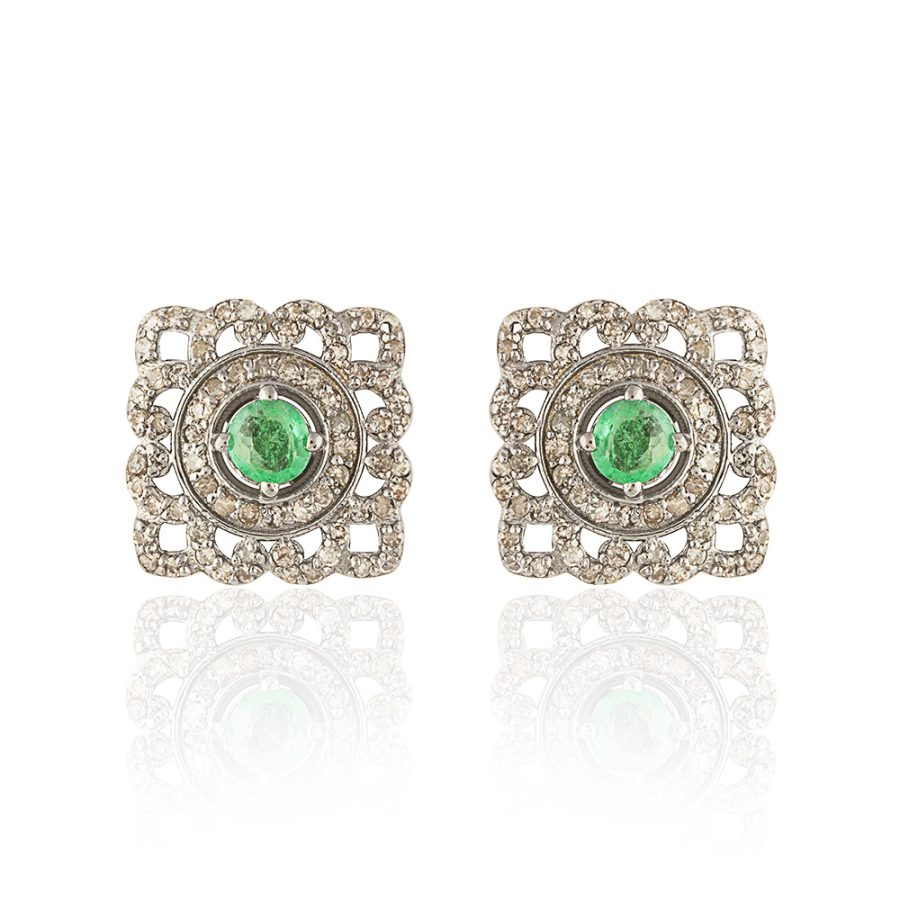 Emerald & Diamond Structured Stud Earrings