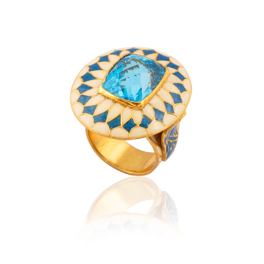 Geometric Enamel Detail Topaz Ring