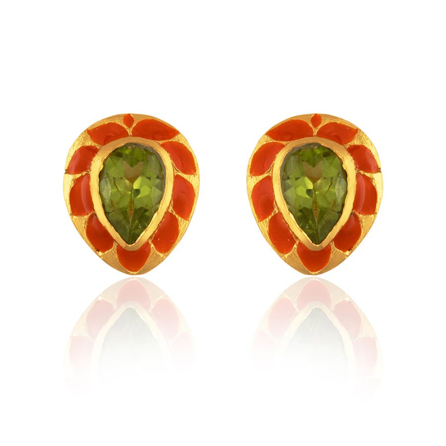Peridot & Orange Enamel Stud Earrings