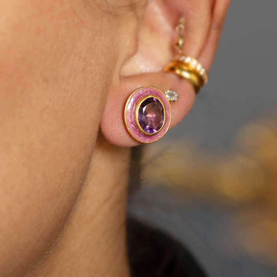 Purple Amethyst & Pink Enamel Stud Earrings