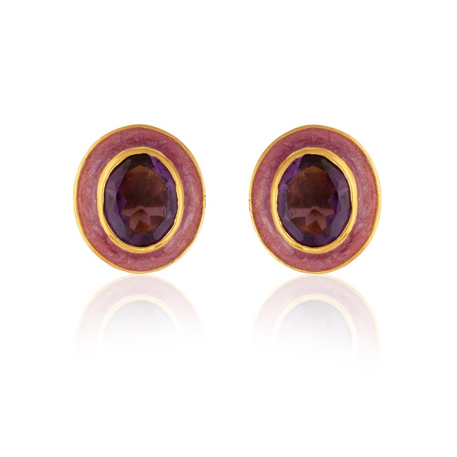 Purple Amethyst & Pink Enamel Stud Earrings
