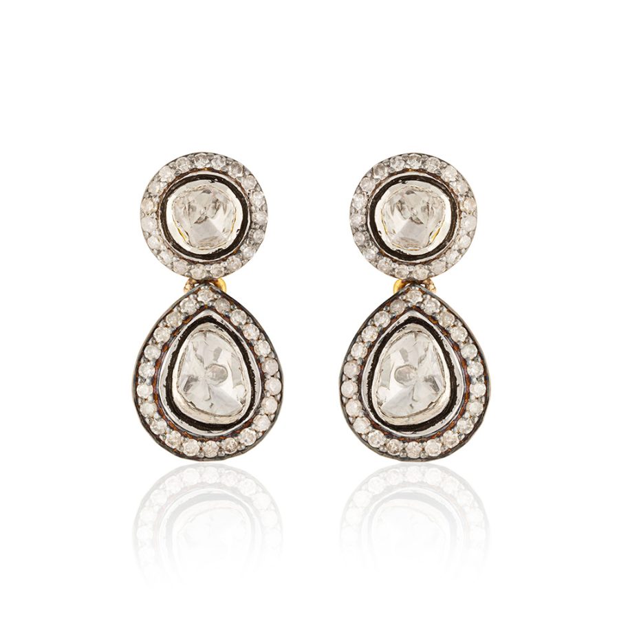 Sliced Diamond & Enamel Double Drop Earrings
